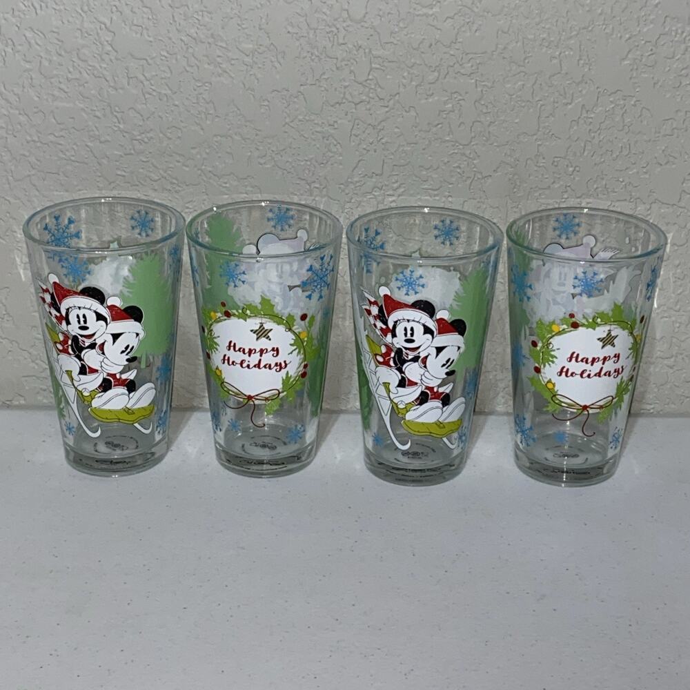 Disney Christmas Happy Holidays Zak! Designs Mickey Minnie Glassware Cup Set 4